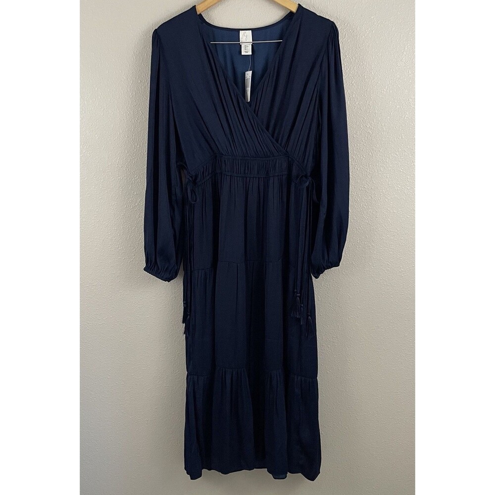 Joie Womens L Blue Balloon Sleeve Tassle Tie Waist Tier V Neck Midi Cottage